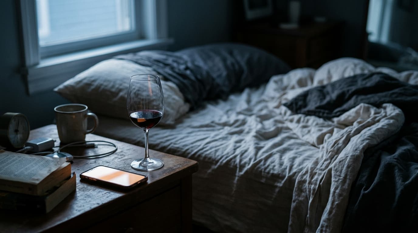A solitary half-empty wine glass sits on a cluttered bedside table next to a discarded, glowing smartphone, captured in co...