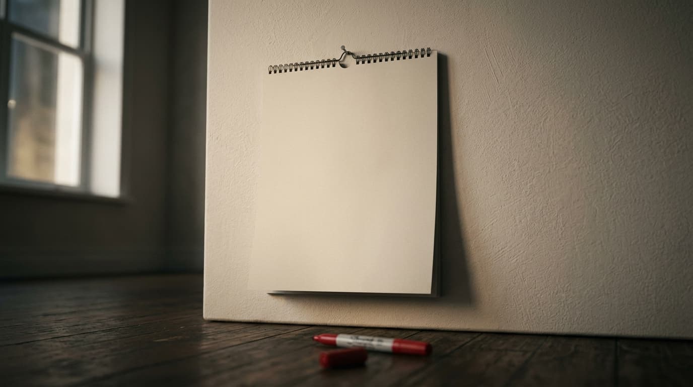 A single, unread paper calendar hangs on a white wall, a bright red permanent marker resting on the floor beneath it, capt...