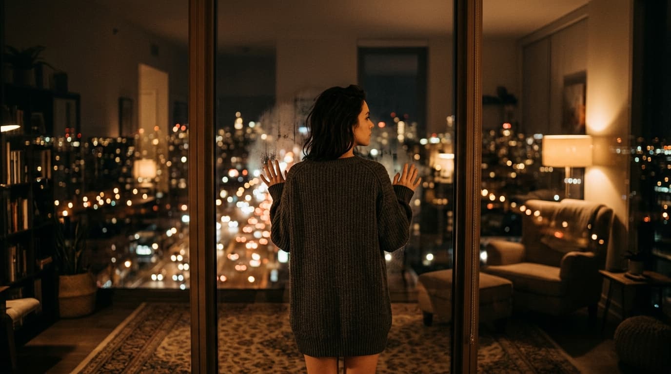A woman in a oversized charcoal knit sweater stands centered in a dimly lit apartment, gazing through a floor-to-ceiling w...