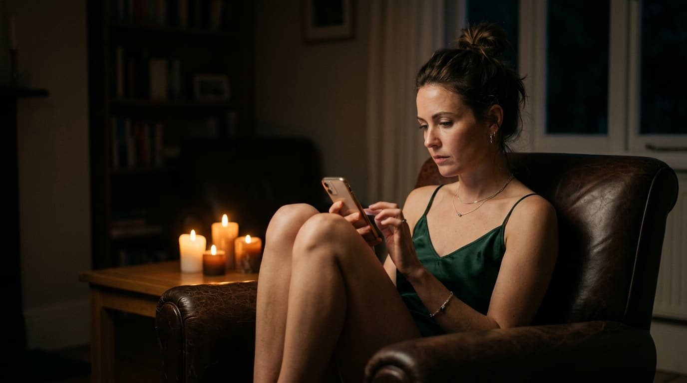 A woman in a silk camisole sits curled on a leather chair, staring at her phone in a dimly candle-lit room, her thumb hove...