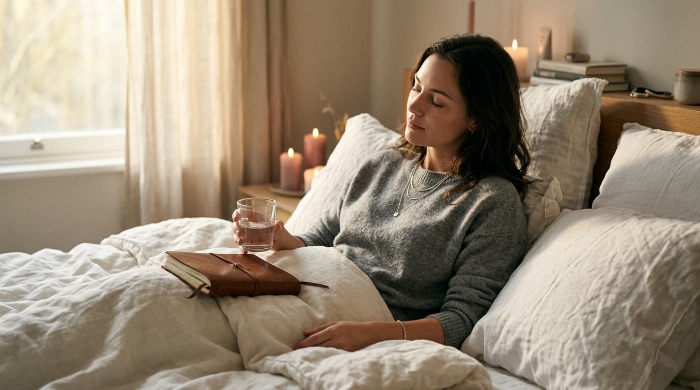A woman reclines against soft pillows, eyes closed in calm focus. A worn journal rests on her lap, a glass of water nearby...