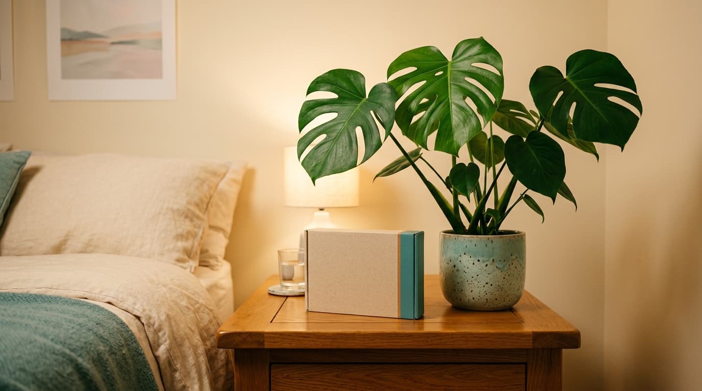 A 24mm wide-angle, symmetrical shot of a clinical test kit box beside a small, thriving monstera plant on a warm, polished...