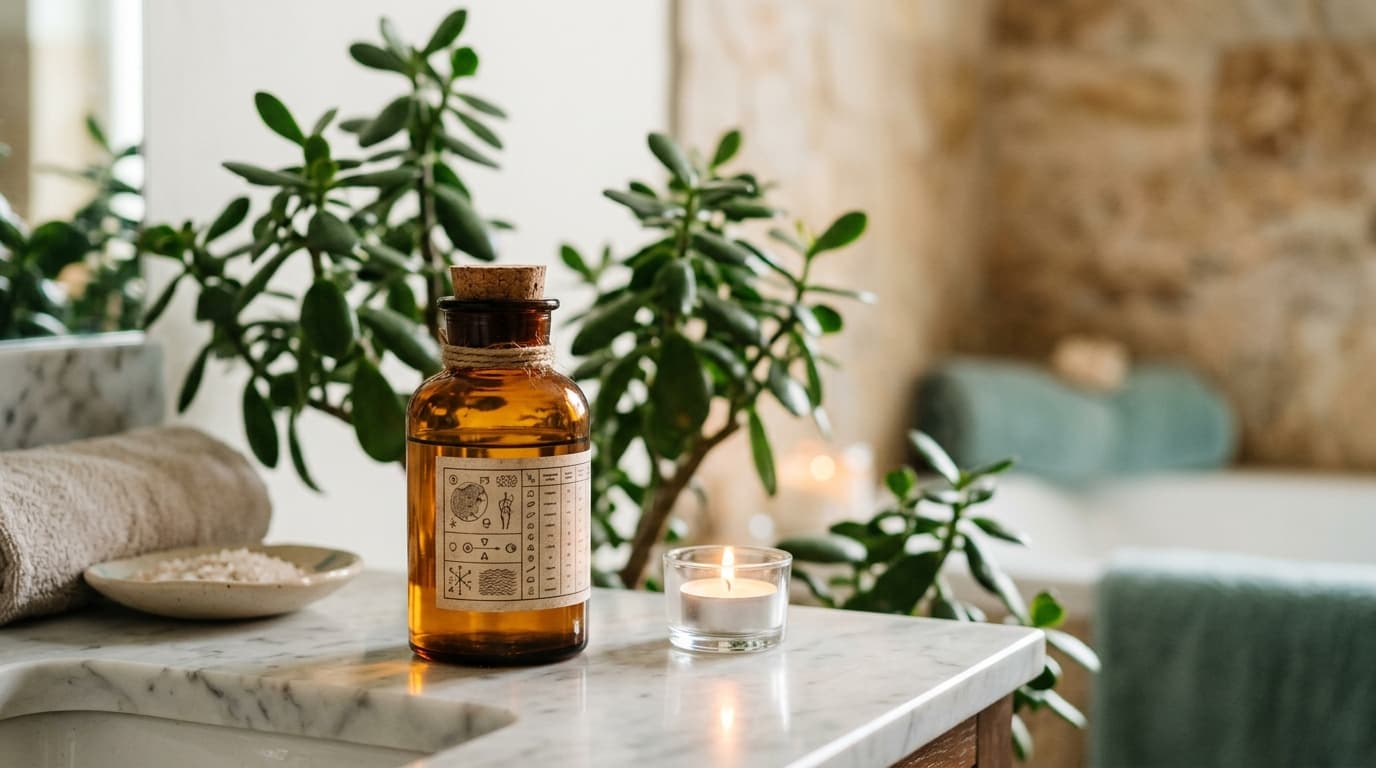 A single amber apothecary bottle labeled with a clinical chart rests on a polished white marble vanity, illuminated by war...