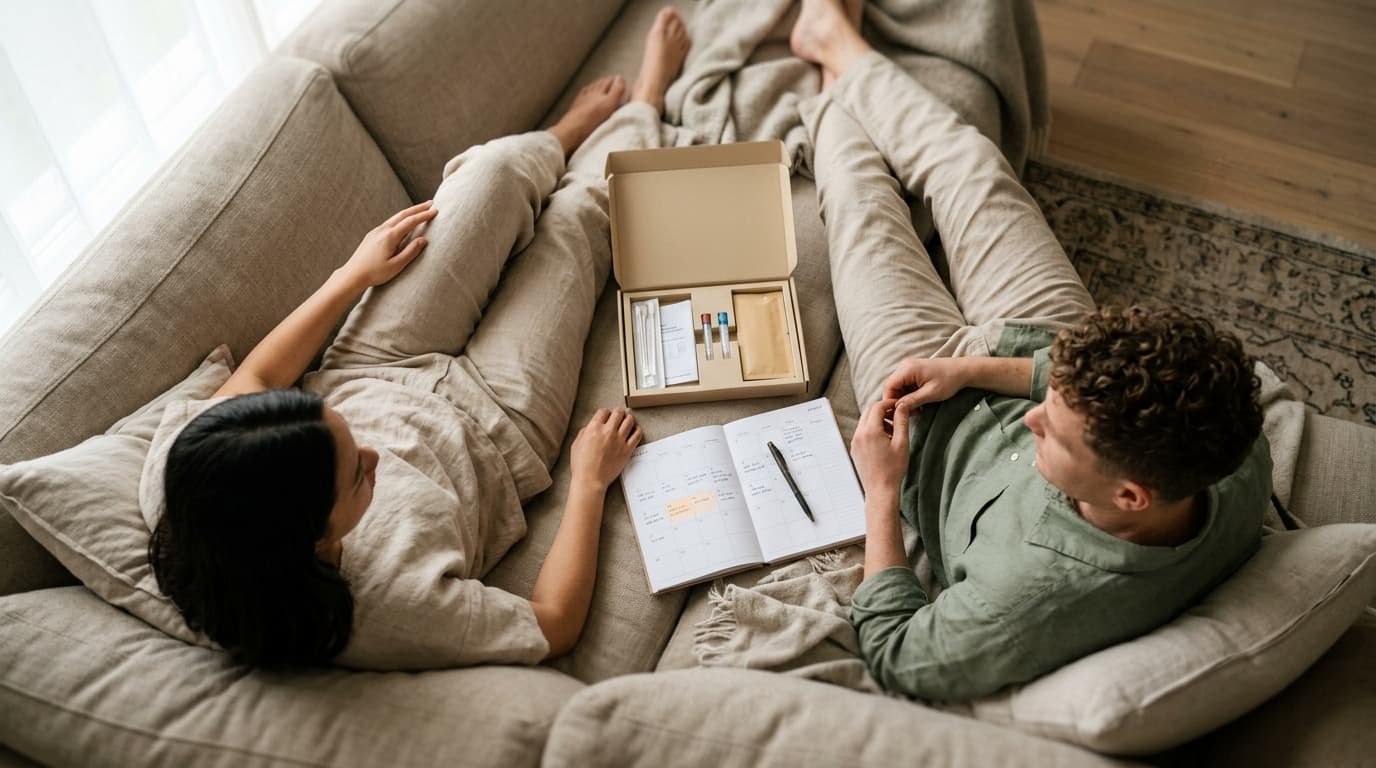Overhead flat-lay of a couple on a beige sofa, dressed in linen loungewear. Between them, an open clinical test kit and a...