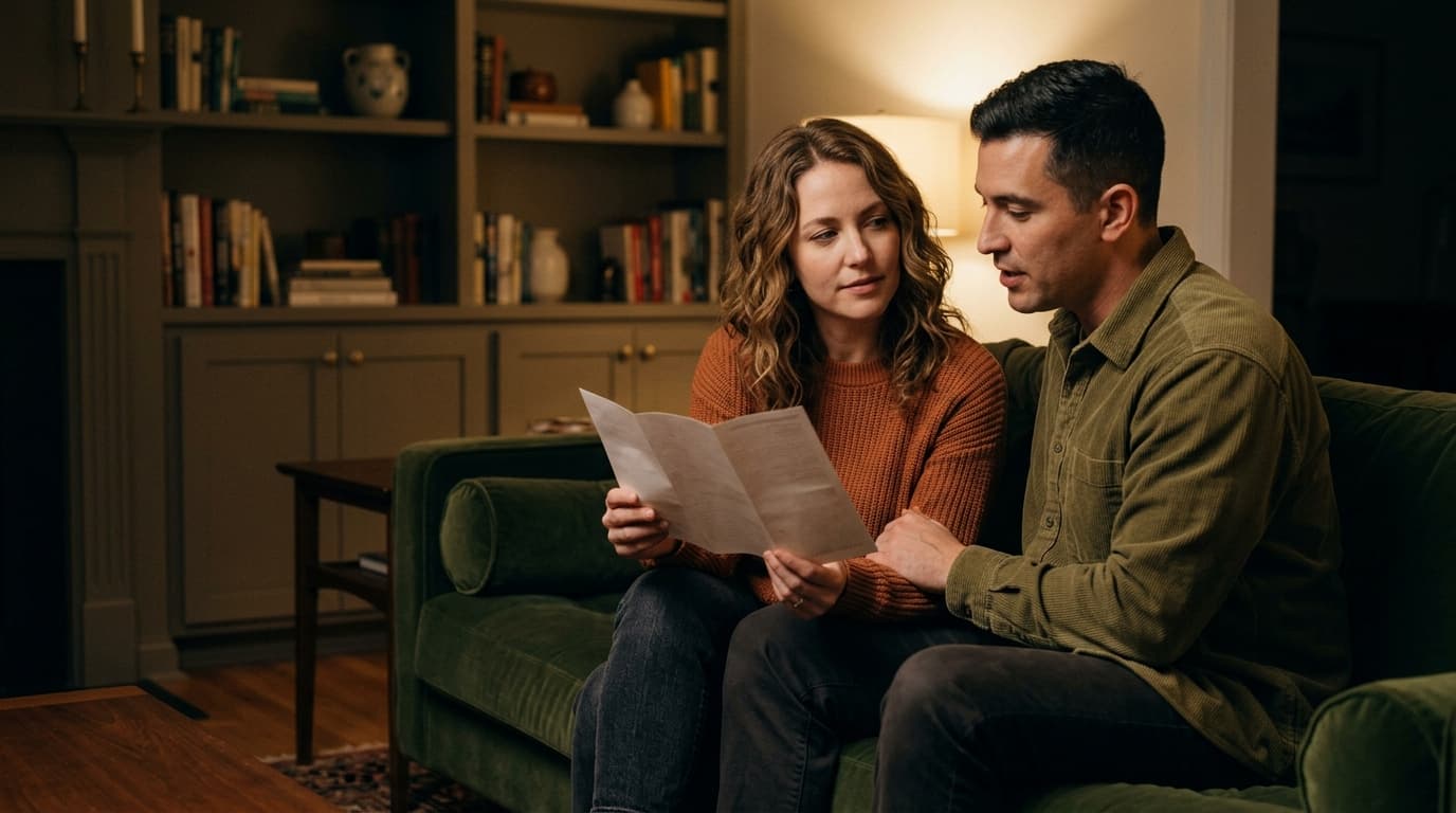 A wide 35mm shot of a woman and man sitting on a velvet couch at night, holding a printed medical consultation pamphlet wh...