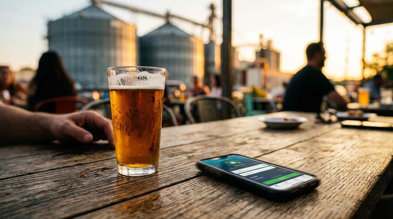 A tilt-shift, golden hour close-up of a rustic wooden tabletop at a local bar. A pint of beer and a vibrating smartphone d...