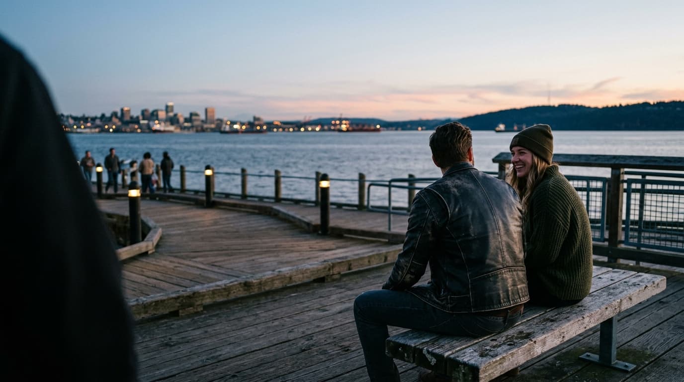Blue hour, 35mm documentary shot. A couple, one in a leather jacket, sits on a weathered wooden bench at the Point Ruston...