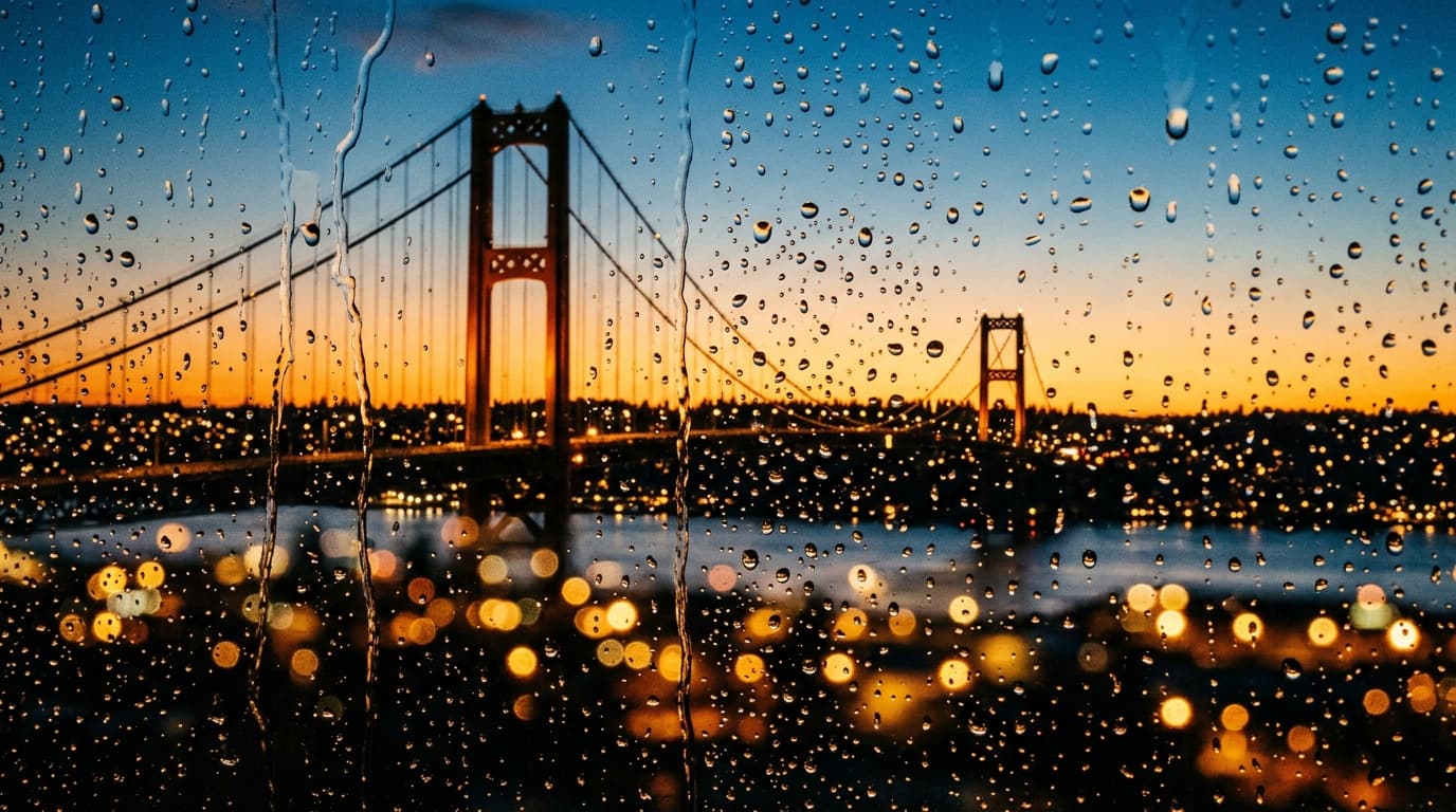 Extreme close-up macro of a rain-streaked window pane reflecting the glowing, amber silhouette of the Tacoma Narrows Bridg...
