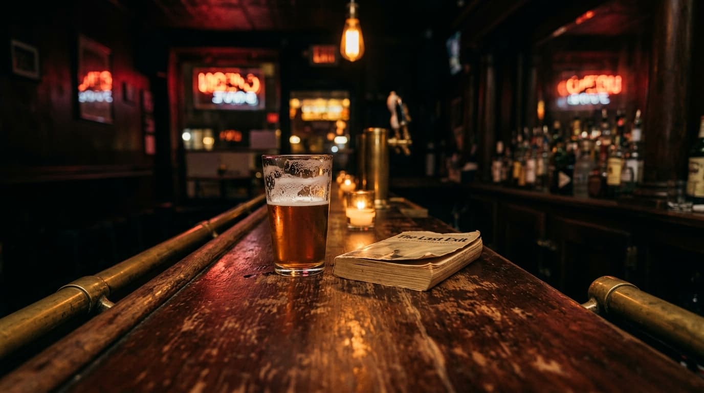 Low-angle shot inside a dimly lit 6th Avenue dive bar. A weathered wooden bar top holds a half-empty pint of local IPA and...