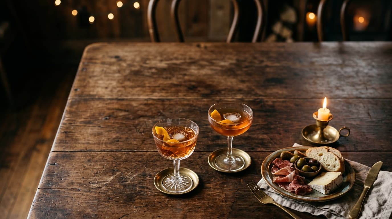 An overhead flat-lay of a wooden bistro table at The Gilman House. Two mismatched coupe glasses sit half-filled with amber...