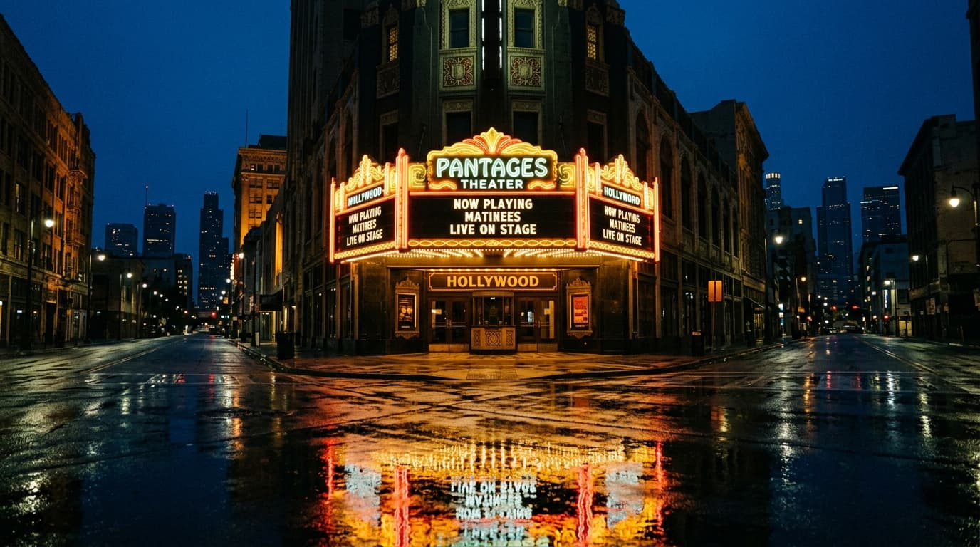 A low-angle, centered shot of the historic, neon-lit marquee of the Pantages Theater at midnight. The rain-slicked pavemen...