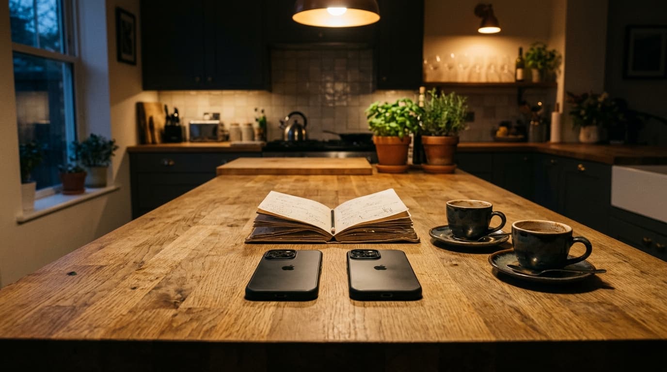A wide, symmetric shot of a dimly lit kitchen island. Two identical smartphones lie screen-down, separated by a precisely...