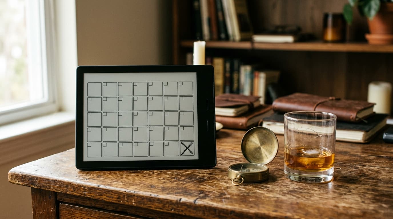 A lone digital calendar on a wooden desk, marked with an 'X' at the ninety-day limit, sits beside a small, unlit compass a...