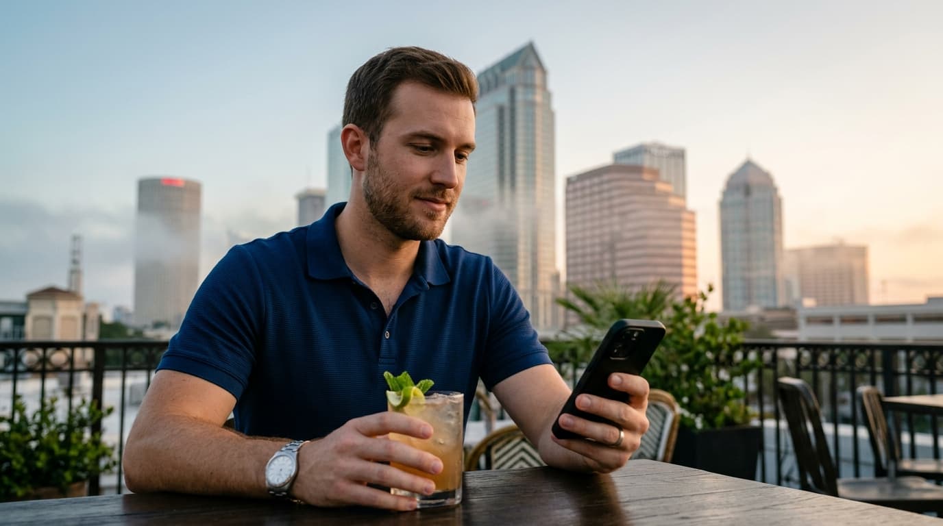 A man in a crisp navy polo sits at a sun-drenched Soho rooftop bar, holding an iced cocktail, his smartphone glowing with...
