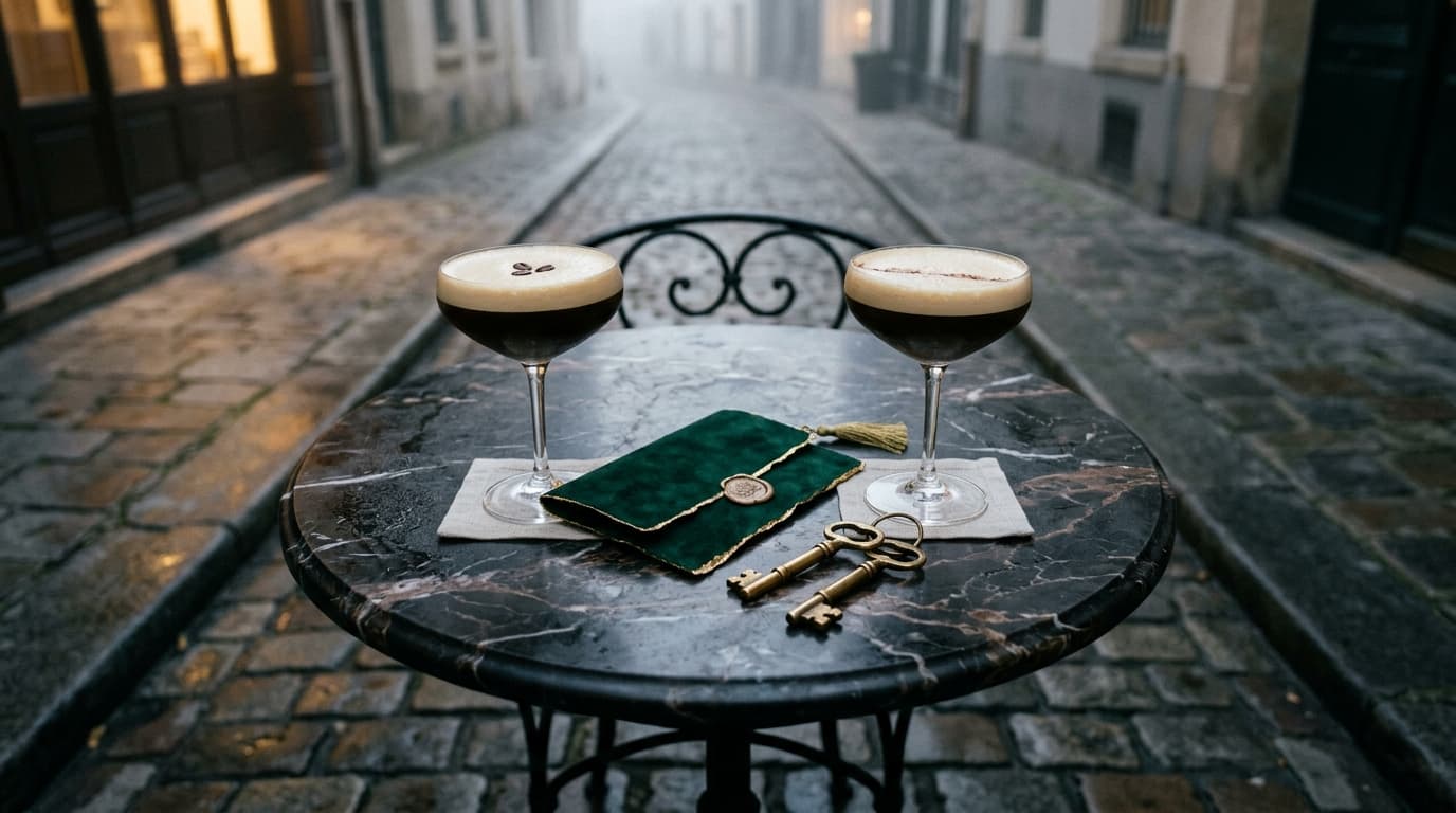 Overhead flat-lay, overcast morning light. Two polished brass speakeasy keys and a folded velvet reservation card rest on...
