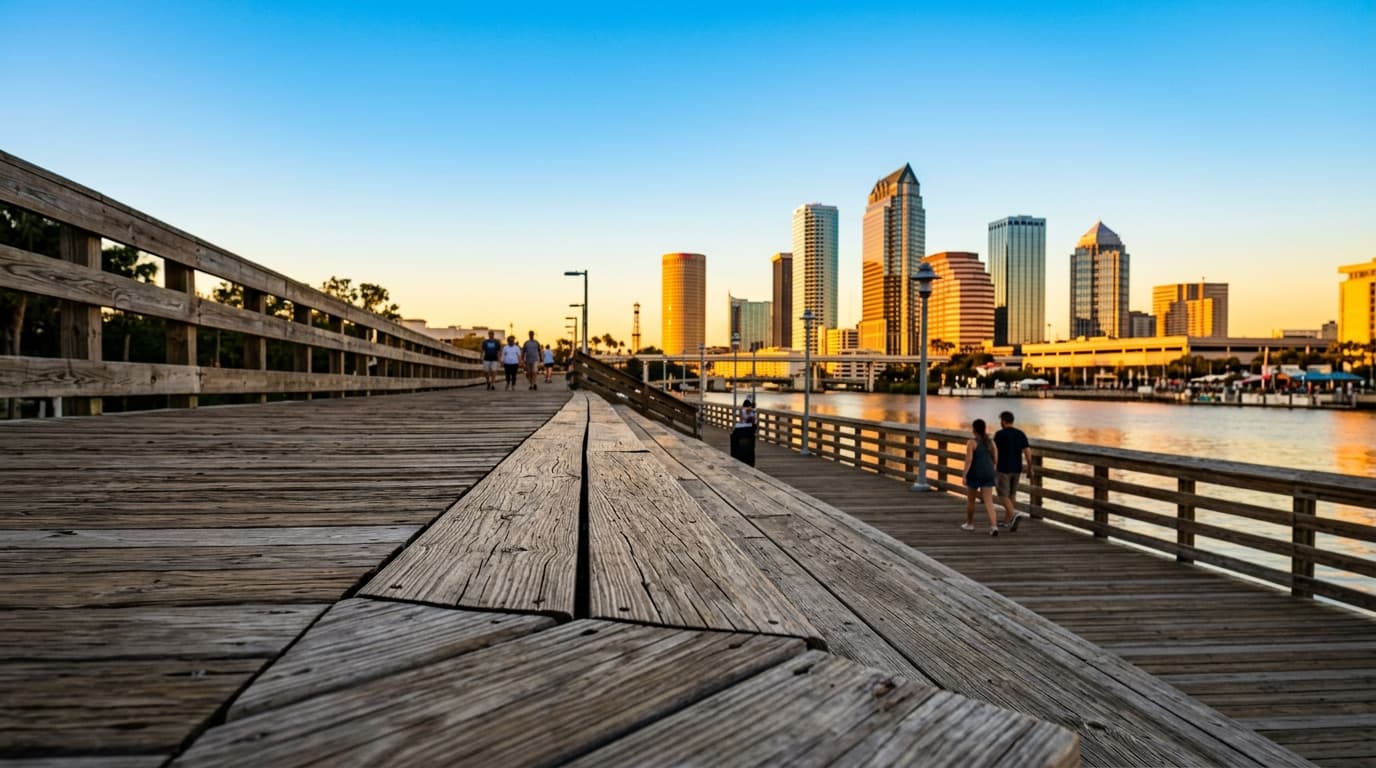 A vibrant, high-saturation view of the Tampa Riverwalk boardwalk under a bright, cloudless sky. The geometric wooden textu...
