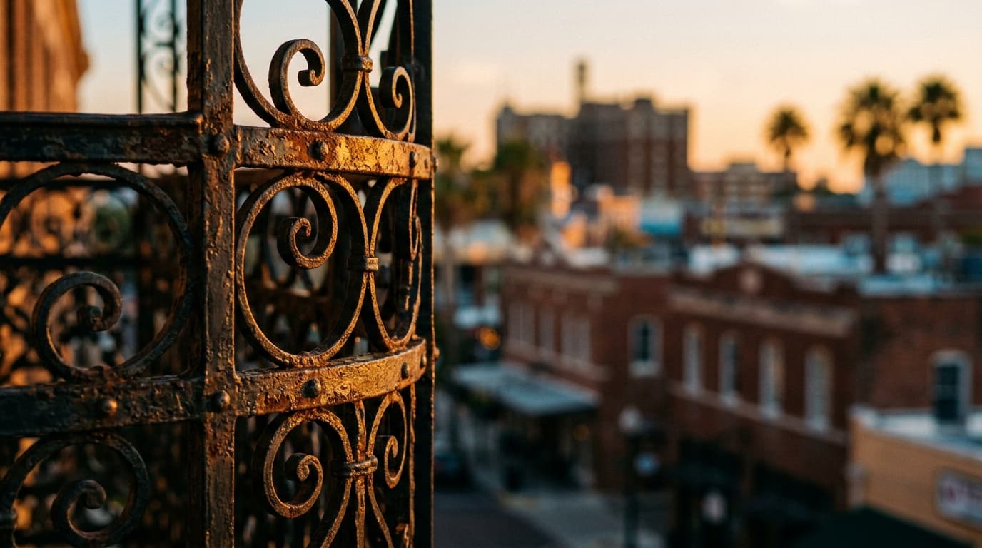 Macro view of the intricate, rusted iron balcony railings at Hotel Haya, glowing in warm golden hour light. The Ybor City...
