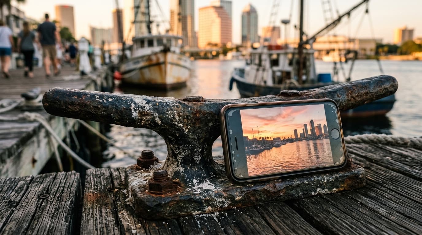 Extreme macro shot of a weathered, salt-crusted boat cleat on a downtown Tampa dock during golden hour. A smartphone scree...