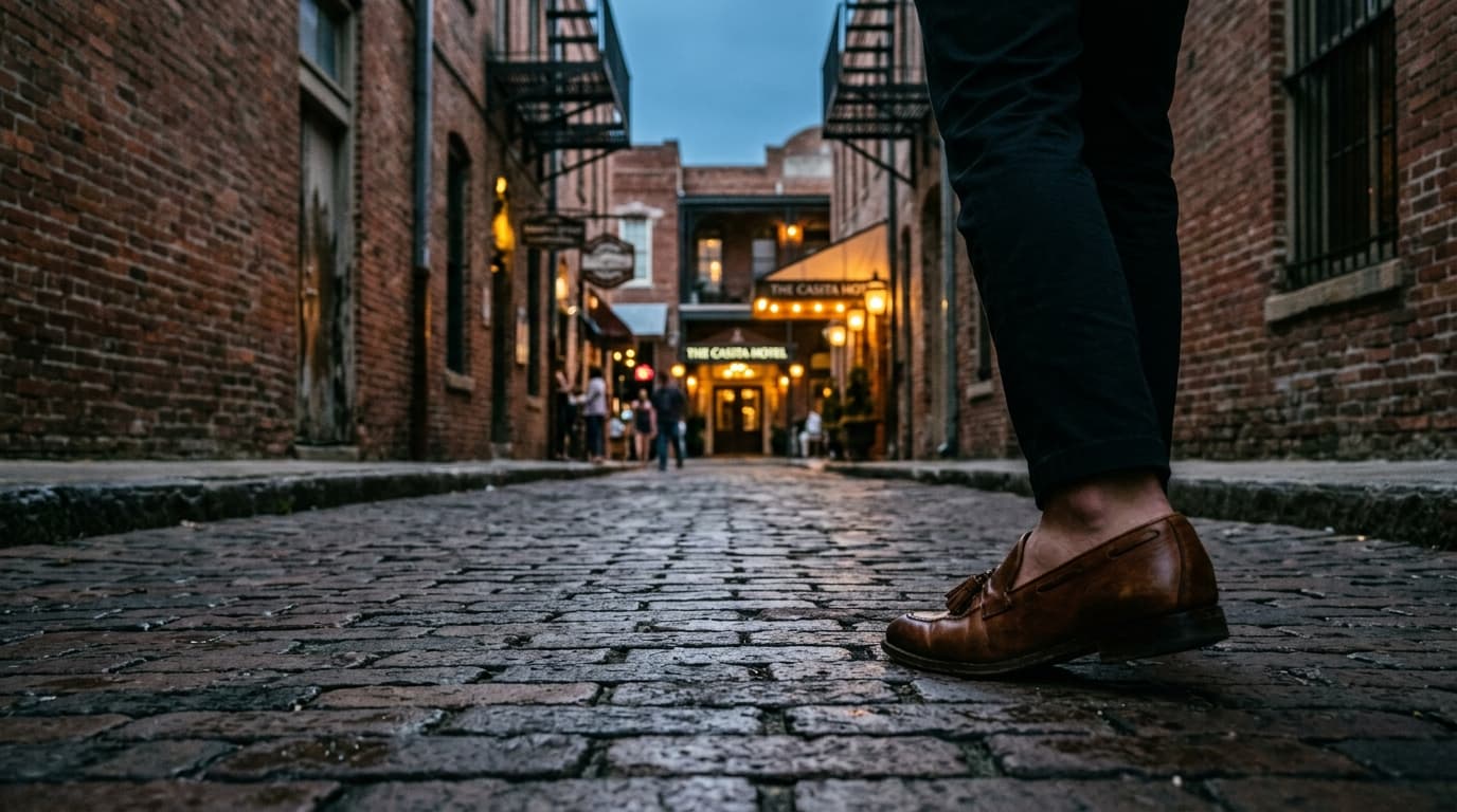 Blue hour over an Ybor City brick alleyway. Selective focus captures a pair of leather loafers on worn cobblestones, leadi...