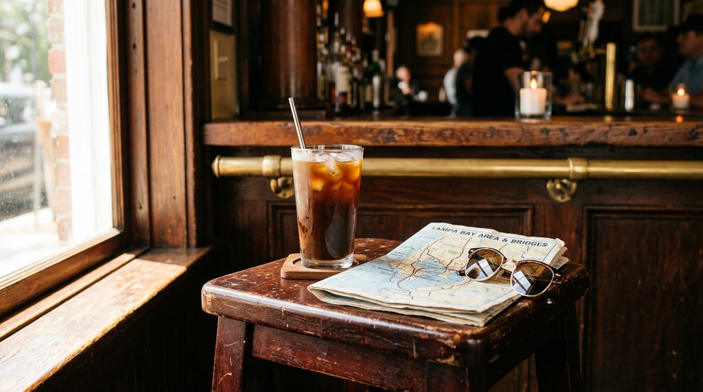 A sunlit mahogany bar stool holds a melting iced coffee, offset right. Natural light hits a scattered roadmap of Tampa bri...