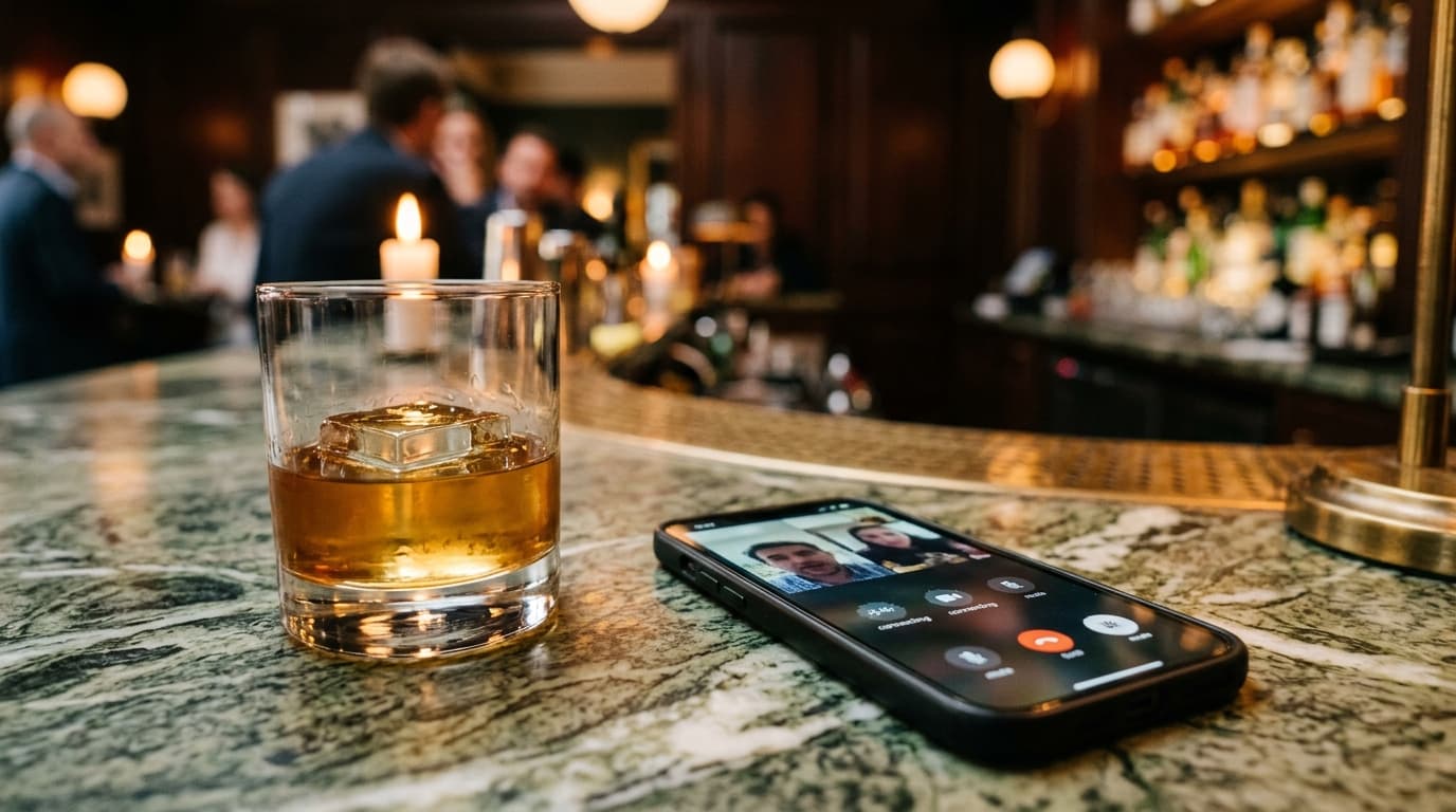 An 85mm macro shot captures a half-full glass of craft bourbon on a marble Hyde Park bar top. Beside it, an unlocked smart...