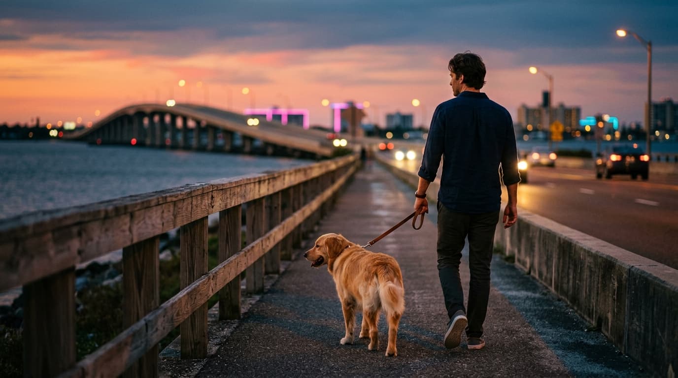 A refined casual man in a linen shirt walks his golden retriever along the Dunedin Causeway at sunset. A selective focus v...