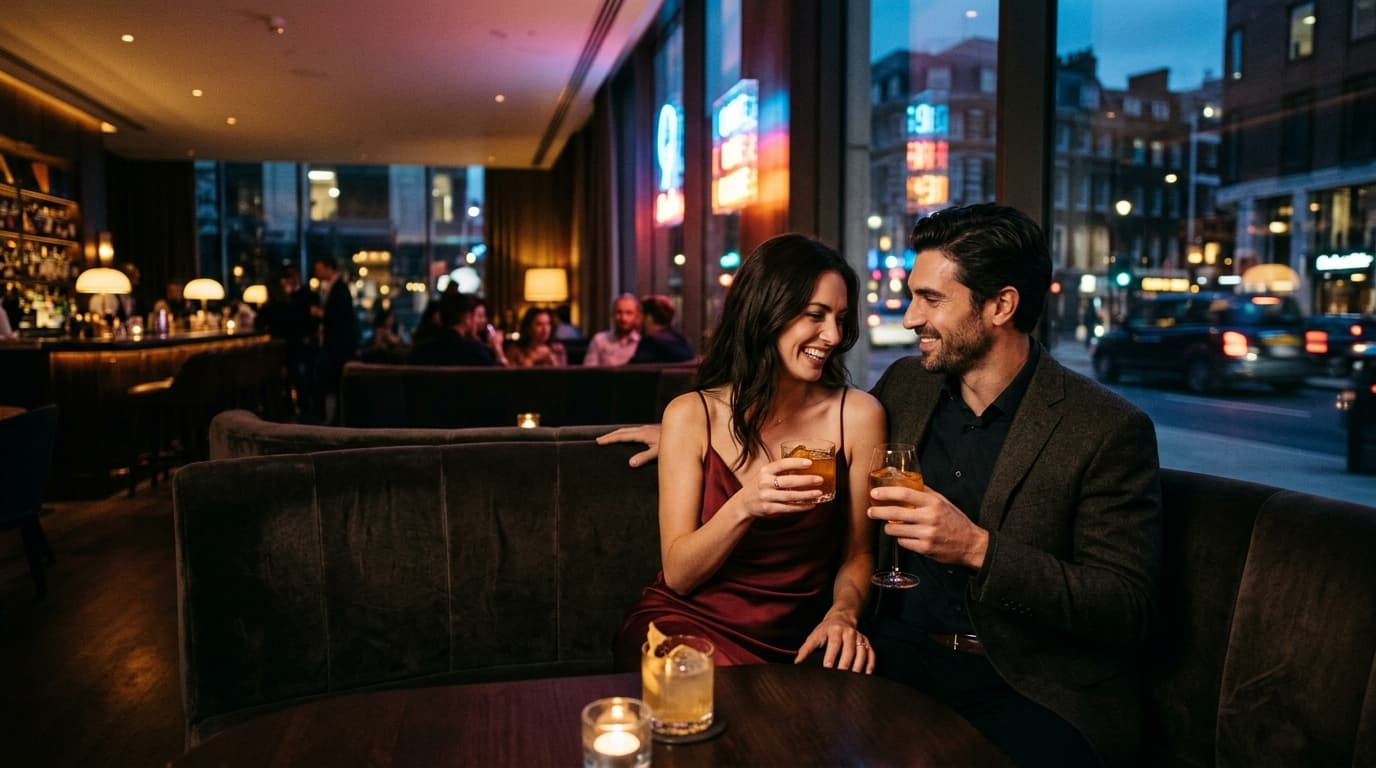 A low-angle shot captures a couple sharing a cocktail at a dimly lit booth in the Edition’s lobby. The man wears a dark bl...