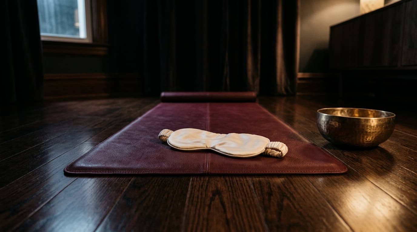 A low-angle, wide-angle shot of a leather massage mat and a single silk blindfold resting on polished hardwood, illuminate...