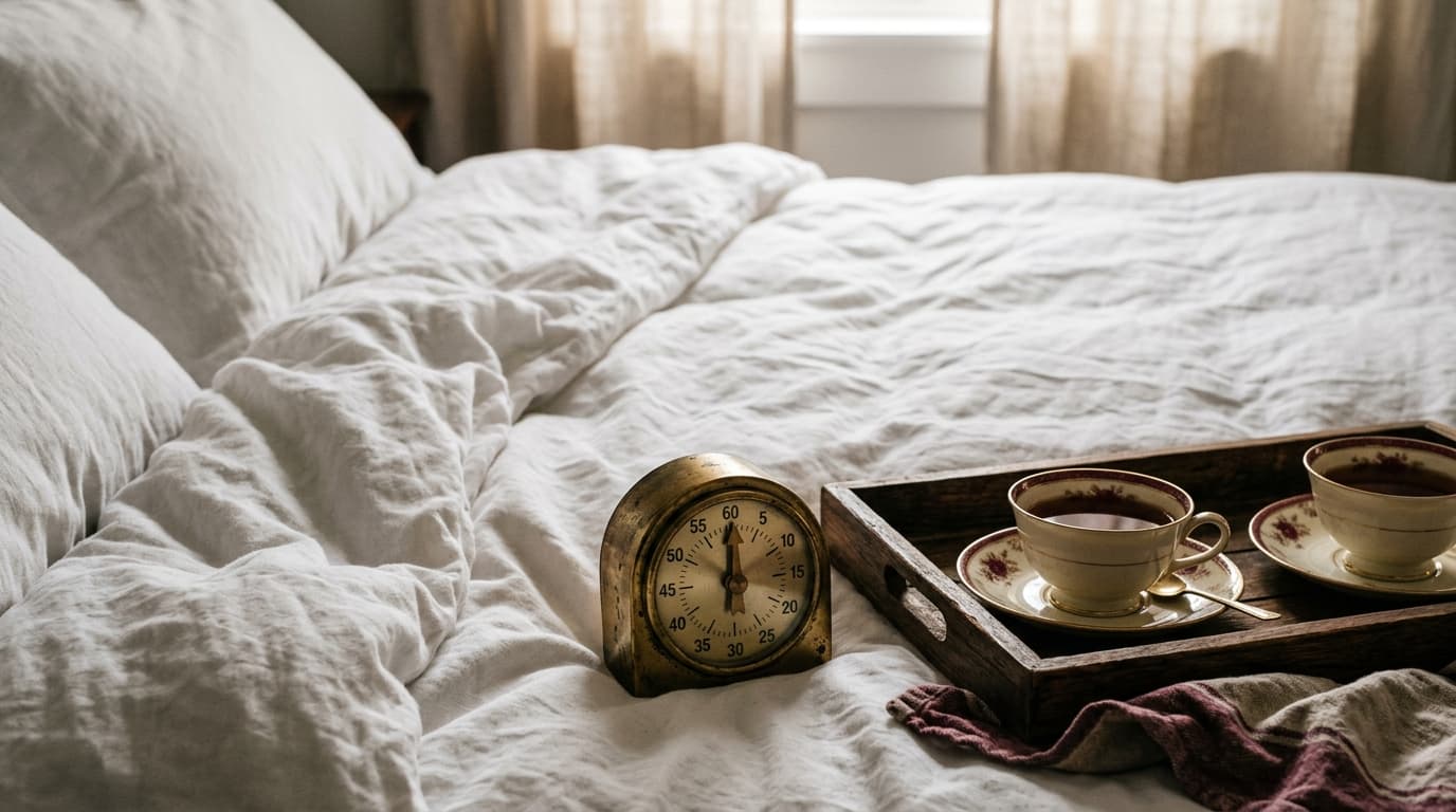 A vintage brass kitchen timer sits on a rumpled white duvet, hand set to sixty minutes. Beside it, two delicate porcelain...
