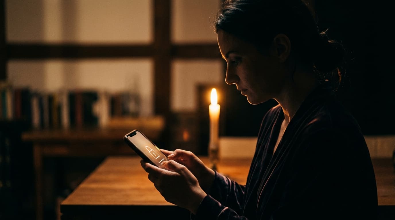 Medium shot of a woman in a velvet robe, silhouetted against a flickering candle. She holds a smartphone displaying an enc...