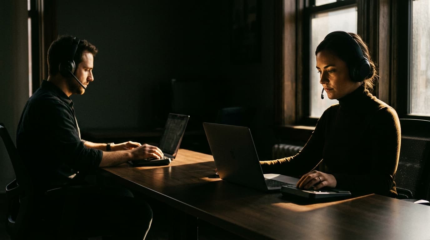 A couple sits at opposite ends of a long wooden desk. Sunlight from a window casts sharp shadows. They wear headsets, hand...
