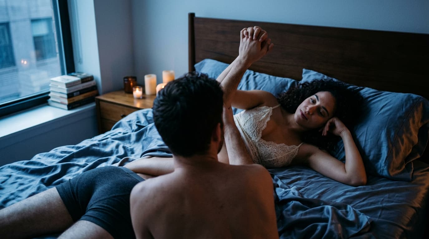 A diverse couple lies on silk sheets, hands gently held above their heads. The woman wears a lace camisole; the man, boxer...