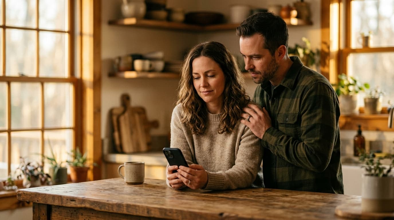 A man and a woman stand by a sunlit kitchen island; she holds a smartphone while he rests a supportive hand on her shoulde...