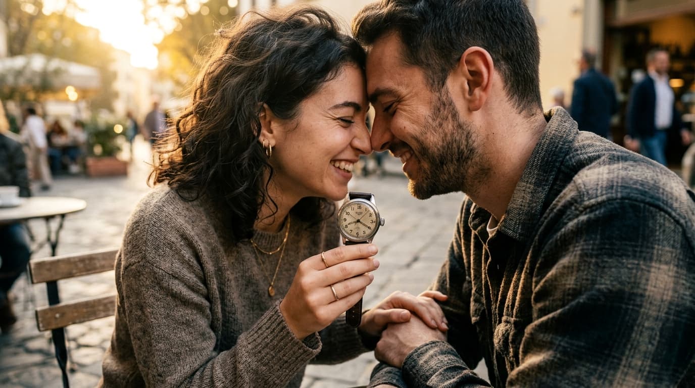 A woman and a man sit at a small bistro table, foreheads pressed together, smiling as she holds a vintage analog watch, ca...