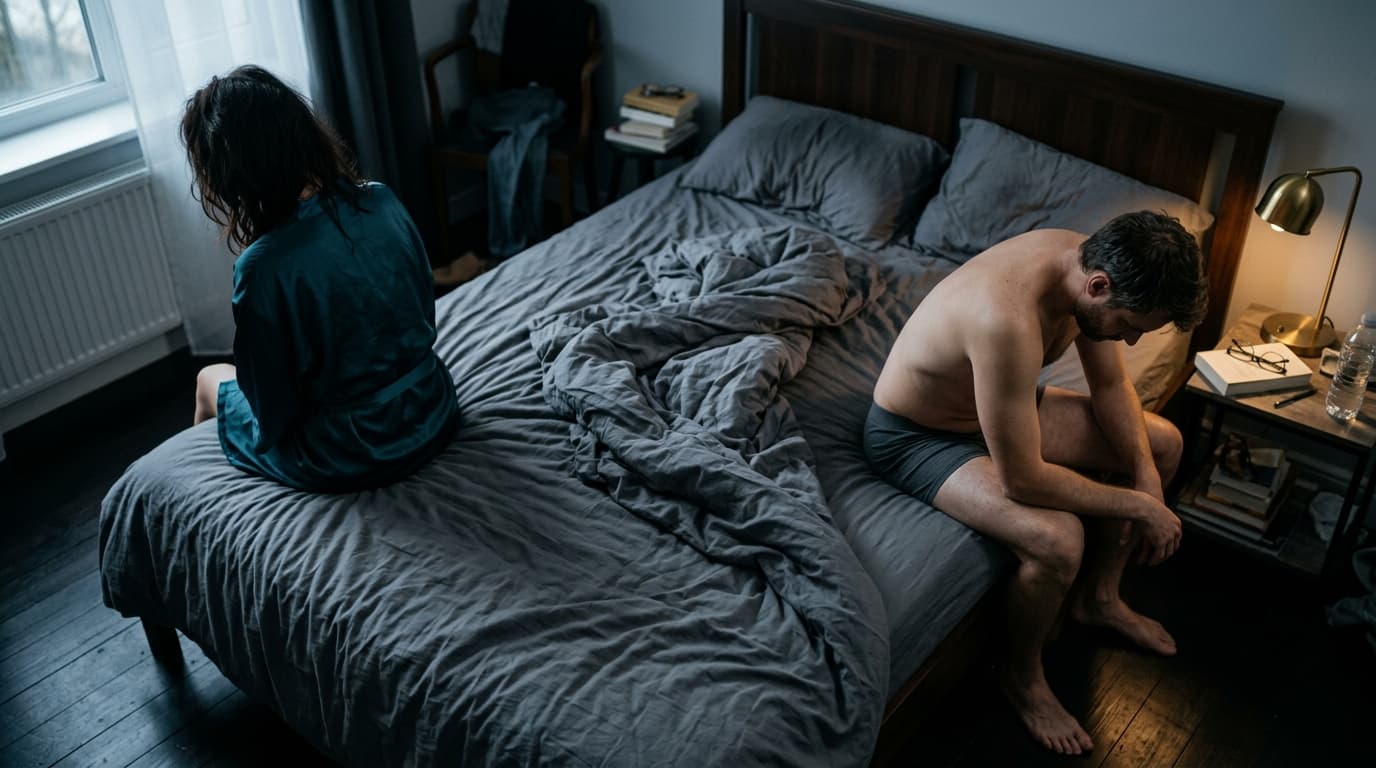 85mm portrait, shallow depth of field. A woman in a silk robe sits on the far edge of a rumpled bed, facing away, while a...