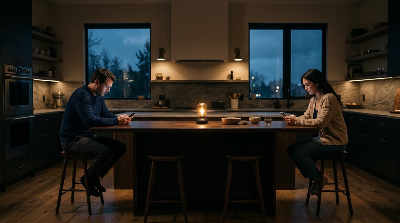 Wide-angle, symmetrical shot of a man in a navy sweater and a woman in a beige cardigan sitting at opposite ends of a long...