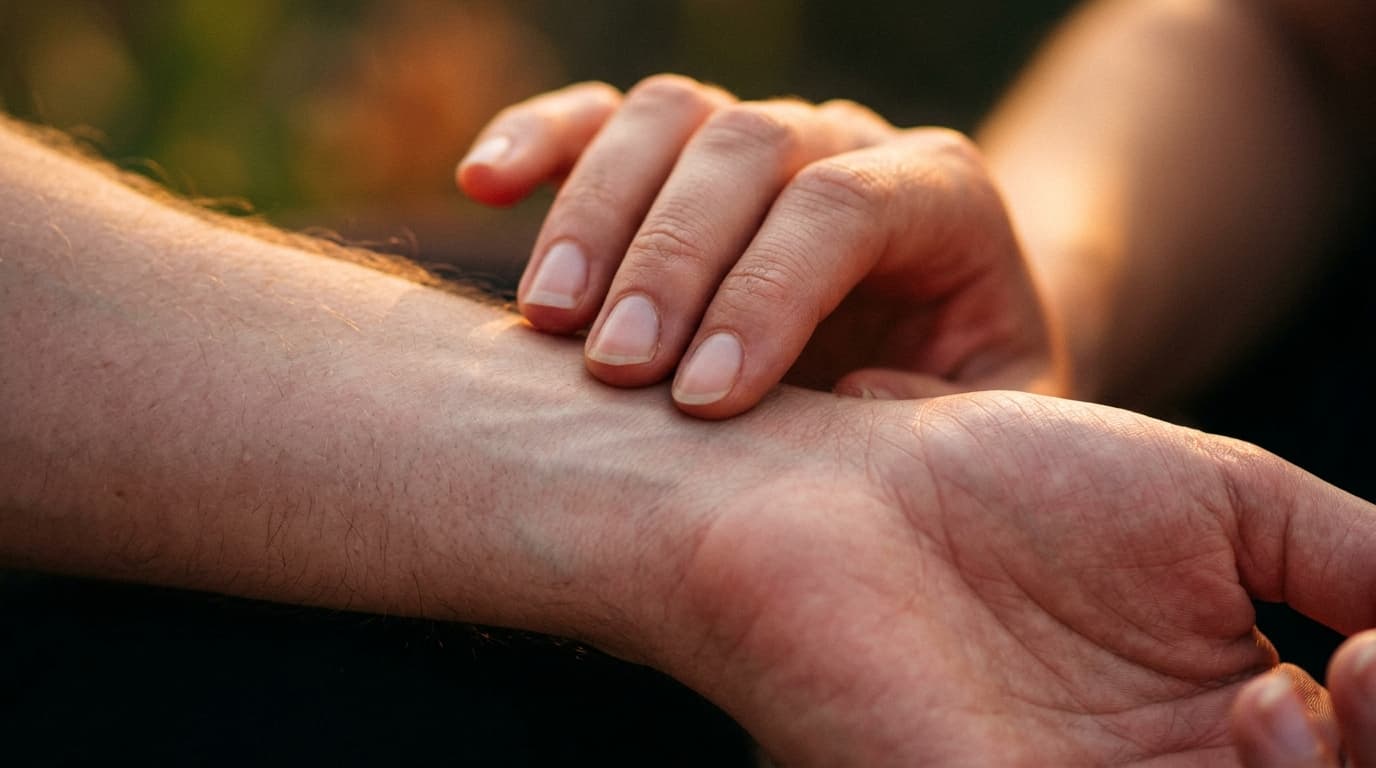 Extreme macro shot in golden hour light: a woman’s fingertips resting lightly on the pulse point of a partner’s inner wris...