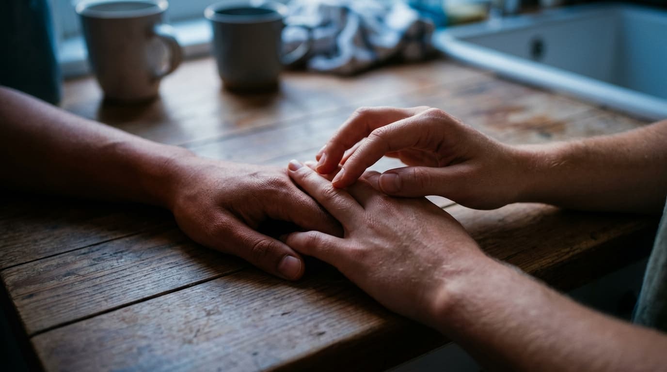 Blue hour light falls on two pairs of hands resting on a kitchen counter. One partner’s fingers gently trace the knuckles...