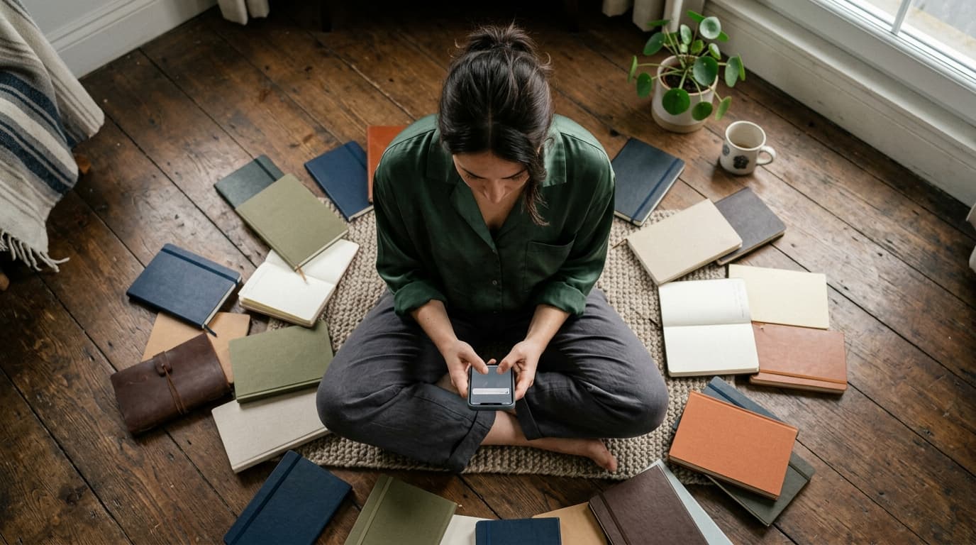 Centered overhead flat-lay of a person in a silk lounge shirt, sitting cross-legged on a wooden floor, staring at a smartp...