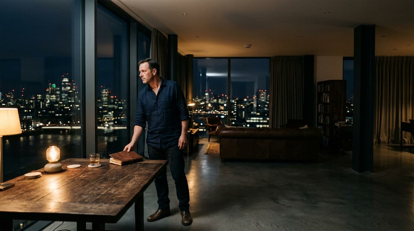 A man in a navy linen shirt stands in a vast, dimly lit apartment at night, gazing pensively toward the city skyline while...