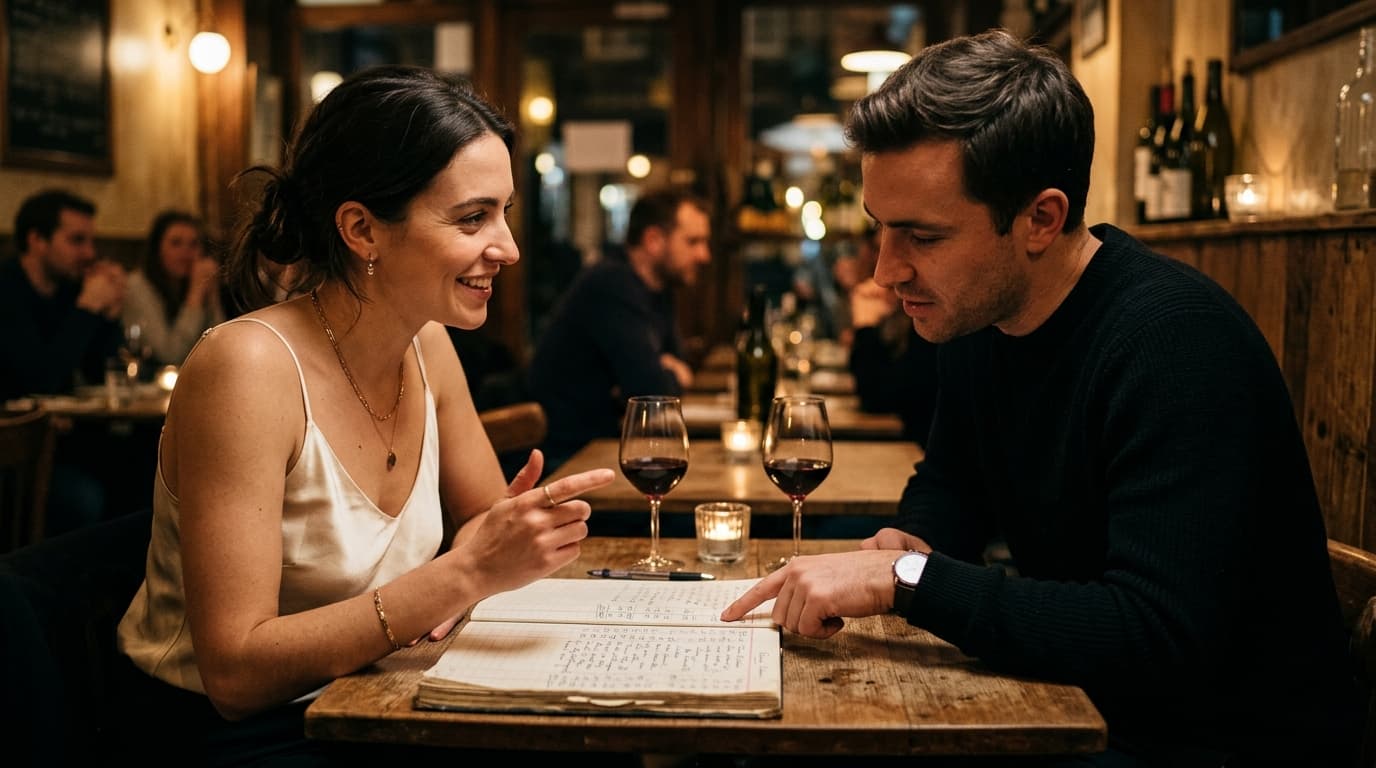 A woman in a cream silk camisole and a man in a black crewneck sit across a bistro table, gesturing toward a neatly filled...