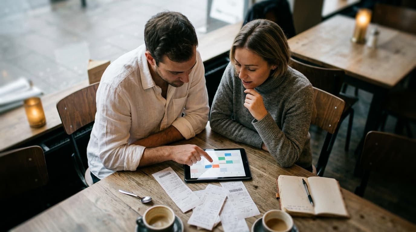Overhead flat-lay, tilt-shift focus on a man in a white linen shirt and woman in a gray turtleneck reviewing a shared digi...