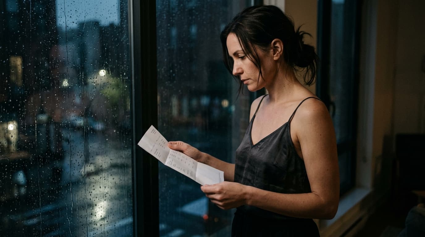 A woman in a silk camisole stands before a rain-streaked window at midnight. She stares at a single bank statement in her...