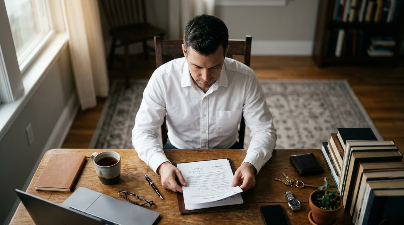 Overhead flat-lay, tilt-shift focus on a man in a crisp white shirt sitting alone at a cluttered desk. He thoughtfully hol...