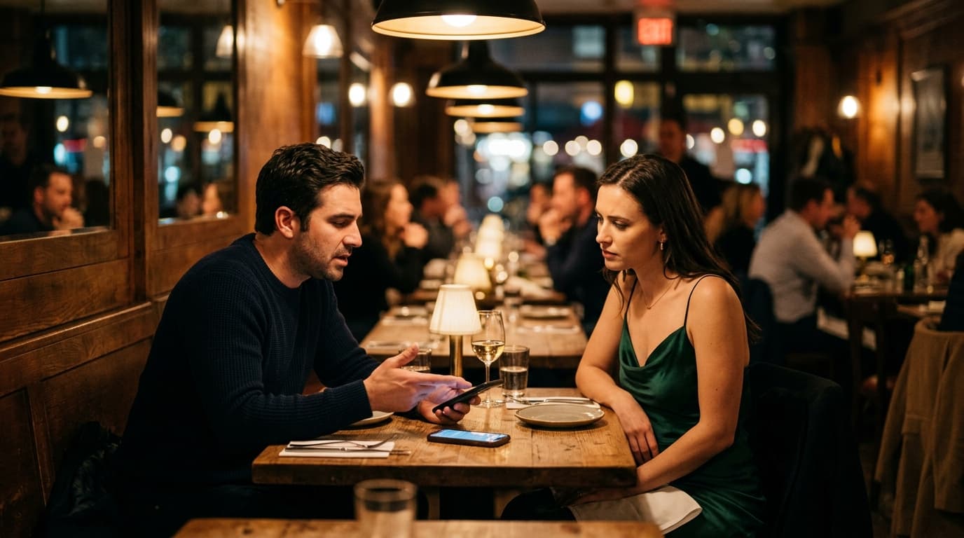 A man in a navy sweater and woman in a silk slip dress sit offset left at a dim corner table. He gestures toward his phone...