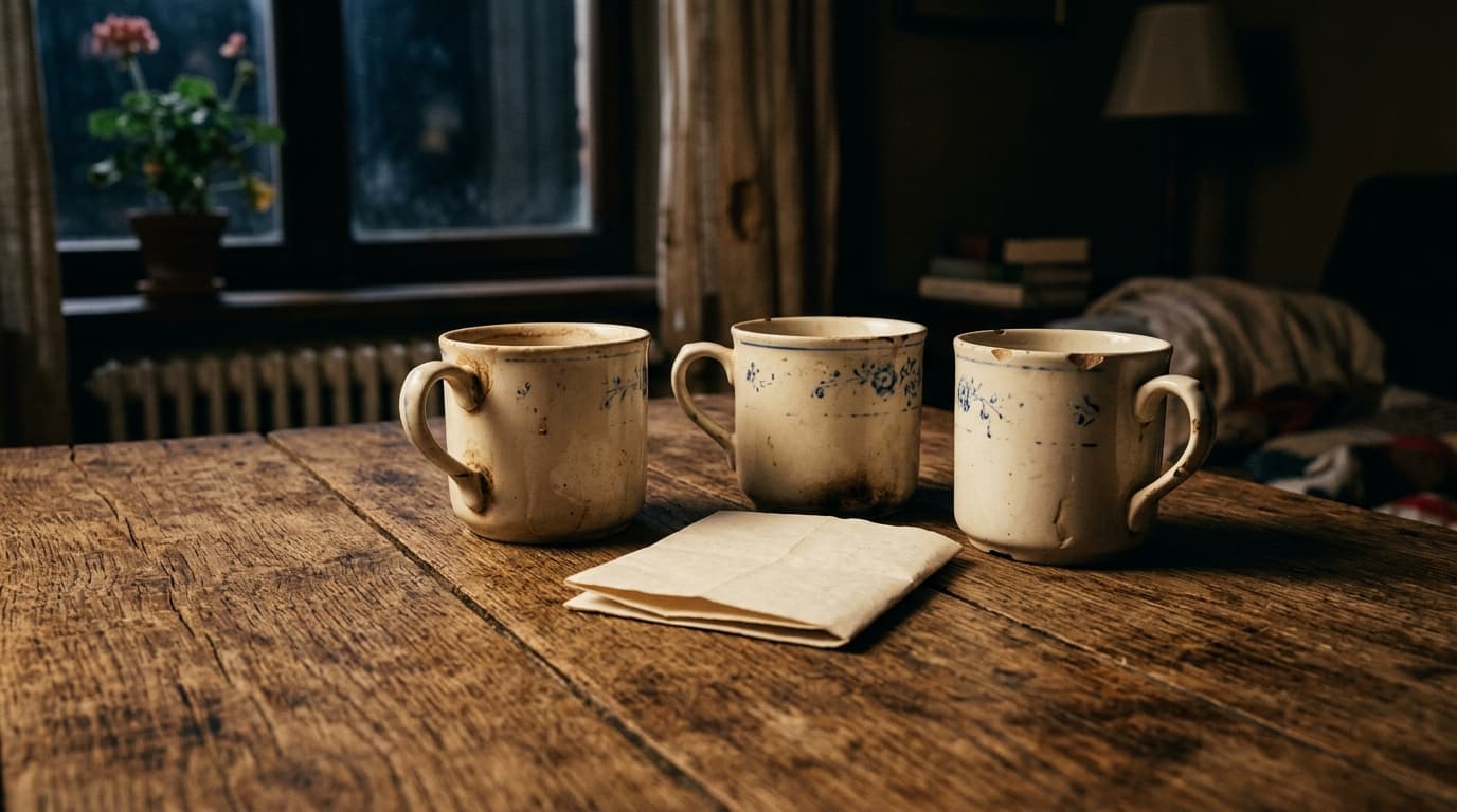 A low-angle shot shows two vintage porcelain mugs sitting side-by-side on a weathered oak table. A handwritten, uncrossed-...