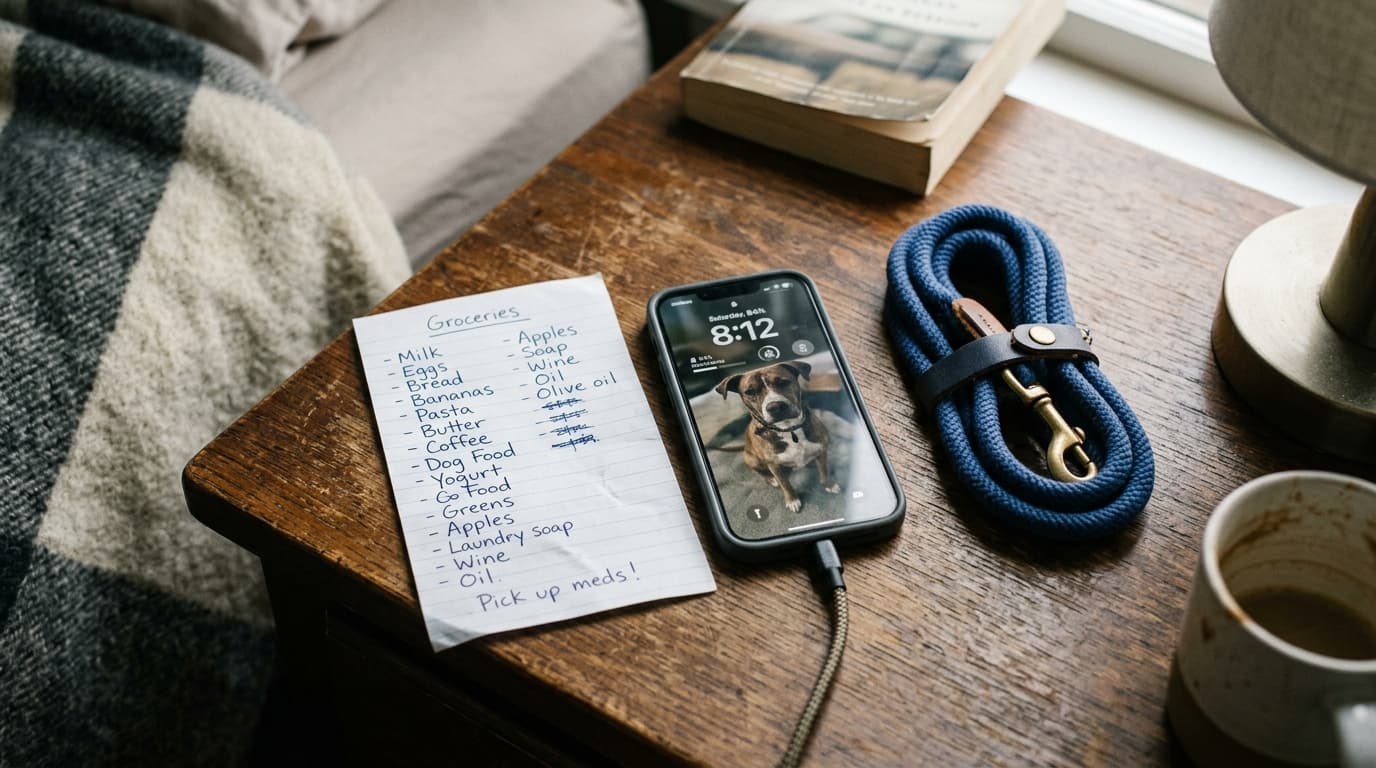 An 85mm close-up, shallow depth of field shot on a messy bedside table. A handwritten grocery list sits beside a half-char...