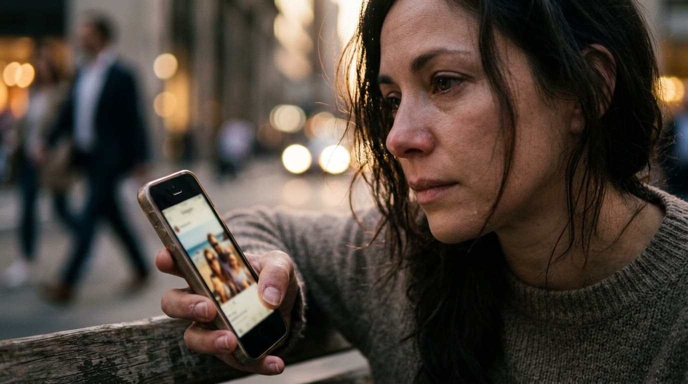 Extreme macro, golden hour. A woman sits on a crowded city bench, eyes unfocused, staring at a frozen smartphone screen sh...