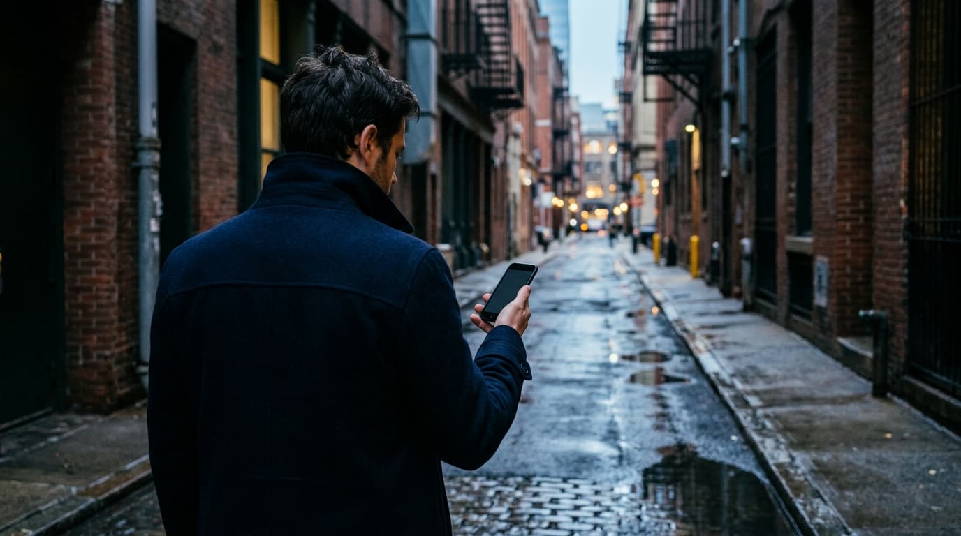 Over-the-shoulder perspective of a man in a navy trench coat walking down a rain-slicked city alley at blue hour, staring...
