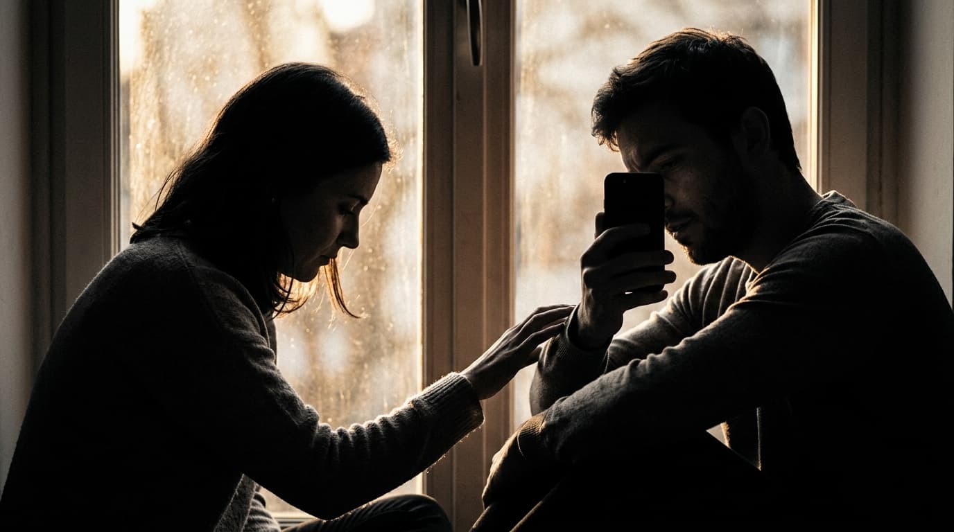 A couple sits in profile against a warm golden window. The foreground partner reaches for the other, whose hand remains st...